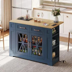 Îlot de Cuisine avec Table Pliante et Prises Électriques, Ports USB, Étagères Réglables - MDF Bleu et Naturel, 120x65-90x92 cm