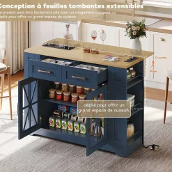 Îlot de Cuisine avec Table Pliante et Prises Électriques, Ports USB, Étagères Réglables - MDF Bleu et Naturel, 120x65-90x92 cm