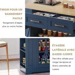 Îlot de Cuisine avec Table Pliante et Prises Électriques, Ports USB, Étagères Réglables - MDF Bleu et Naturel, 120x65-90x92 cm