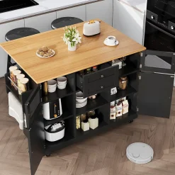 Îlot de cuisine avec étagères latérales et parois pliantes, desserte MDF métal, 140x70x93,5 cm noir/naturel