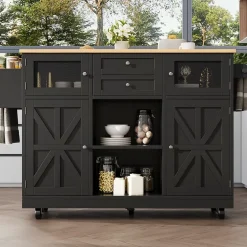 Îlot de cuisine avec étagères latérales et parois pliantes, desserte MDF métal, 140x70x93,5 cm noir/naturel