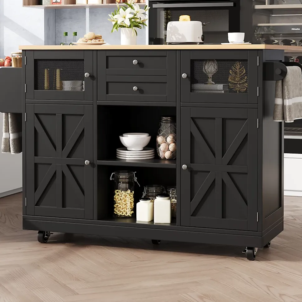 Îlot de cuisine avec étagères latérales et parois pliantes, desserte MDF métal, 140x70x93,5 cm noir/naturel