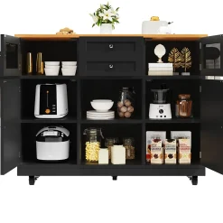 Îlot de cuisine avec étagères latérales et parois pliantes, desserte MDF métal, 140x70x93,5 cm noir/naturel