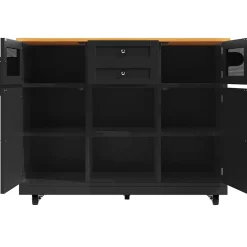 Îlot de cuisine avec étagères latérales et parois pliantes, desserte MDF métal, 140x70x93,5 cm noir/naturel