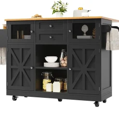 Îlot de cuisine avec étagères latérales et parois pliantes, desserte MDF métal, 140x70x93,5 cm noir/naturel