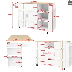 Îlot de Cuisine avec Tiroirs et Portes Coulissantes - Rangement sur Roulettes en MDF - 110x42x90 cm - Blanc