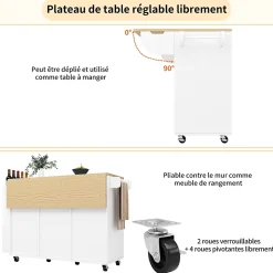 Îlot de Cuisine avec Tiroirs et Portes Coulissantes - Rangement sur Roulettes en MDF - 110x42x90 cm - Blanc