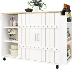 Îlot de Cuisine avec Tiroirs et Portes Coulissantes - Rangement sur Roulettes en MDF - 110x42x90 cm - Blanc