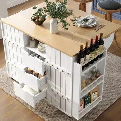 Îlot de Cuisine avec Tiroirs et Portes Coulissantes - Rangement sur Roulettes en MDF - 110x42x90 cm - Blanc