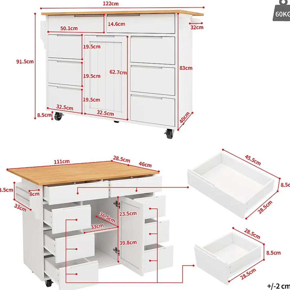 Îlot de Cuisine Blanche avec 8 Tiroirs et Roulettes, Plan de Travail Extensible et Étagère à Épices, MDF, 111x40x91,5 cm