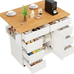 Îlot de Cuisine Blanche avec 8 Tiroirs et Roulettes, Plan de Travail Extensible et Étagère à Épices, MDF, 111x40x91,5 cm