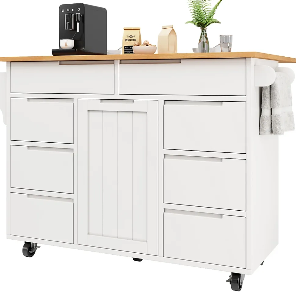 Îlot de Cuisine Blanche avec 8 Tiroirs et Roulettes, Plan de Travail Extensible et Étagère à Épices, MDF, 111x40x91,5 cm