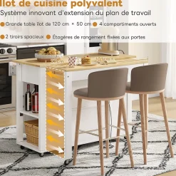 Îlot de Cuisine Buffet avec Roulettes - 2 Tiroirs, 2 Portes, Prises AC + USB, MDF, 120x77x93 cm - Blanc et Naturel