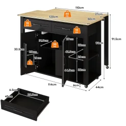 Îlot de Cuisine Buffet Roulettes - Prises AC USB, 2 Tiroirs, 2 Portes, Étagères Ouvertes, MDF - 120x77x93 cm - Noir/Naturel