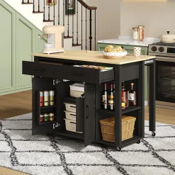 Îlot de Cuisine Buffet Roulettes - Prises AC USB, 2 Tiroirs, 2 Portes, Étagères Ouvertes, MDF - 120x77x93 cm - Noir/Naturel