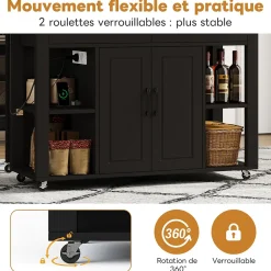 Îlot de Cuisine Buffet Roulettes - Prises AC USB, 2 Tiroirs, 2 Portes, Étagères Ouvertes, MDF - 120x77x93 cm - Noir/Naturel