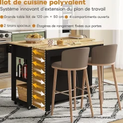 Îlot de Cuisine Buffet Roulettes - Prises AC USB, 2 Tiroirs, 2 Portes, Étagères Ouvertes, MDF - 120x77x93 cm - Noir/Naturel