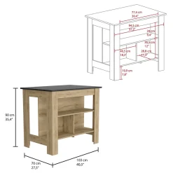 Îlot de cuisine Cala, trois étagères et quatre pattes, 90 cm à x 103 cm le x 70 cm P, macadamia / Noir