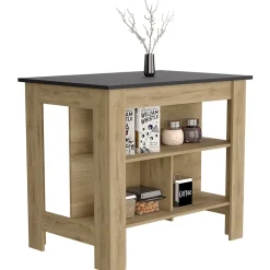 Îlot de cuisine Cala, trois étagères et quatre pattes, 90 cm à x 103 cm le x 70 cm P, macadamia / Noir