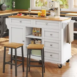 Îlot de cuisine Double Usage avec Tiroirs et Étagères, Meuble Mobile en MDF, Blanc, 134x46x92 cm