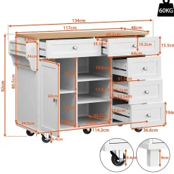 Îlot de cuisine Double Usage avec Tiroirs et Étagères, Meuble Mobile en MDF, Blanc, 134x46x92 cm