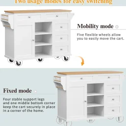 Îlot de cuisine Double Usage avec Tiroirs et Étagères, Meuble Mobile en MDF, Blanc, 134x46x92 cm