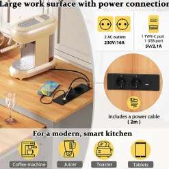 Îlot de Cuisine Extensible sur Roulettes - avec Prises, Étagères Réglables et Compartiment Poubelle - MDF Gris - 120x40-75x92 cm