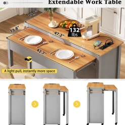 Îlot de Cuisine Extensible sur Roulettes - avec Prises, Étagères Réglables et Compartiment Poubelle - MDF Gris - 120x40-75x92 cm