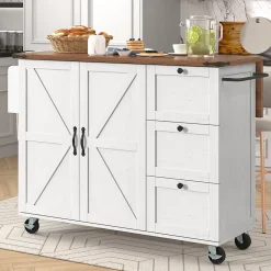 Îlot de Cuisine Extensible avec Plan de Travail Coulissant - 2 Portes et 3 Tiroirs en MDF et Métal, 140x73x92,5 cm, Blanc