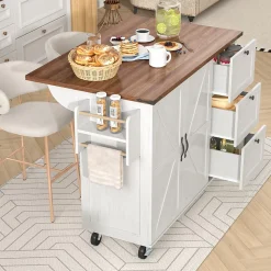 Îlot de Cuisine Extensible avec Plan de Travail Coulissant - 2 Portes et 3 Tiroirs en MDF et Métal, 140x73x92,5 cm, Blanc