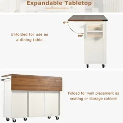 Îlot de Cuisine Extensible avec Plan de Travail Coulissant - 2 Portes et 3 Tiroirs en MDF et Métal, 140x73x92,5 cm, Blanc