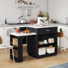 Îlot de Cuisine Extensible, Meuble de Cuisine Bicolore, Table Intégrée, Prise de Courant, Rangement, Tiroirs, Noir, 211x55x89,5 cm
