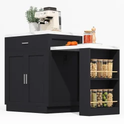 Îlot de Cuisine Extensible, Meuble de Cuisine Bicolore, Table Intégrée, Prise de Courant, Rangement, Tiroirs, Noir, 211x55x89,5 cm