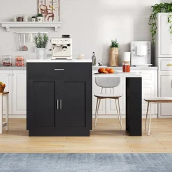 Îlot de Cuisine Extensible, Meuble de Cuisine Bicolore, Table Intégrée, Prise de Courant, Rangement, Tiroirs, Noir, 211x55x89,5 cm