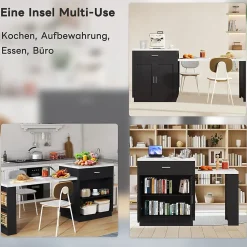 Îlot de Cuisine Extensible, Meuble de Cuisine Bicolore, Table Intégrée, Prise de Courant, Rangement, Tiroirs, Noir, 211x55x89,5 cm