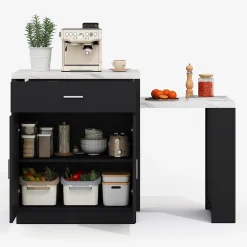 Îlot de Cuisine Extensible, Meuble de Cuisine Bicolore, Table Intégrée, Prise de Courant, Rangement, Tiroirs, Noir, 211x55x89,5 cm