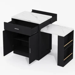 Îlot de Cuisine Extensible, Meuble de Cuisine Bicolore, Table Intégrée, Prise de Courant, Rangement, Tiroirs, Noir, 211x55x89,5 cm