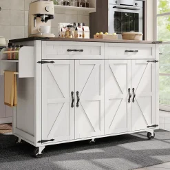 Îlot de Cuisine Extensible, 4 Portes et 2 Tiroirs - Plan de Travail Coulissant, MDF et métal, 140x72x93 cm, Blanc