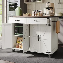 Îlot de Cuisine Extensible, 4 Portes et 2 Tiroirs - Plan de Travail Coulissant, MDF et métal, 140x72x93 cm, Blanc