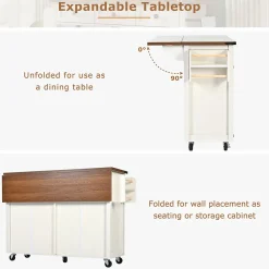 Îlot de Cuisine Extensible, 4 Portes et 2 Tiroirs - Plan de Travail Coulissant, MDF et métal, 140x72x93 cm, Blanc