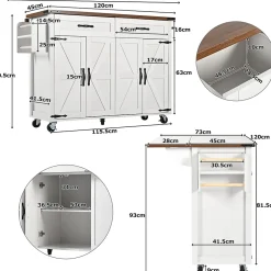 Îlot de Cuisine Extensible, 4 Portes et 2 Tiroirs - Plan de Travail Coulissant, MDF et métal, 140x72x93 cm, Blanc
