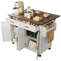 Îlot de Cuisine Extensible, 4 Portes et 2 Tiroirs - Plan de Travail Coulissant, MDF et métal, 140x72x93 cm, Blanc