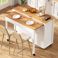 Îlot de Cuisine Extensible sur Roulettes - avec Prises et Étagères Réglables en MDF - Blanc - 120x40-75x92 cm