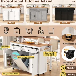 Îlot de Cuisine Extensible sur Roulettes - avec Prises et Étagères Réglables en MDF - Blanc - 120x40-75x92 cm