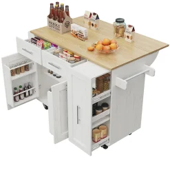 Îlot de Cuisine Extensible avec Plan de Travail et Rangement, Meuble Multifonction en MDF et Métal, Blanc, 134.5x74x90.5 cm