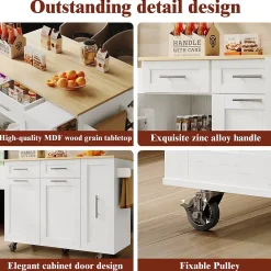 Îlot de Cuisine Extensible avec Plan de Travail et Rangement, Meuble Multifonction en MDF et Métal, Blanc, 134.5x74x90.5 cm