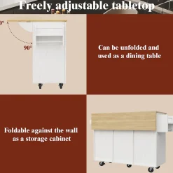 Îlot de Cuisine Extensible avec Plan de Travail et Rangement, Meuble Multifonction en MDF et Métal, Blanc, 134.5x74x90.5 cm