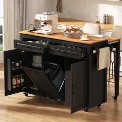 Îlot de Cuisine Extensible sur Roulettes - avec Prises et Étagères Réglables - MDF Noir - 120x40-75x92 cm