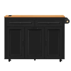 Îlot de Cuisine Extensible sur Roulettes - avec Prises et Étagères Réglables - MDF Noir - 120x40-75x92 cm
