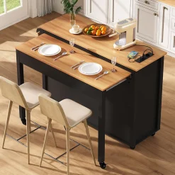 Îlot de Cuisine Extensible sur Roulettes - avec Prises et Étagères Réglables - MDF Noir - 120x40-75x92 cm